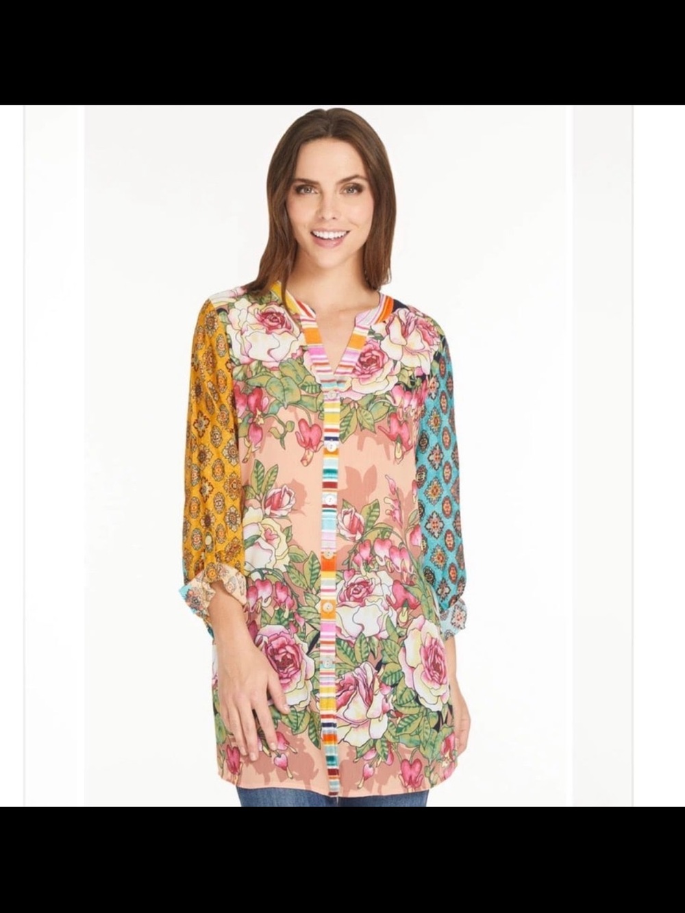 LN John Mark Floral Mixed Print High Low Boho Tunic Blouse